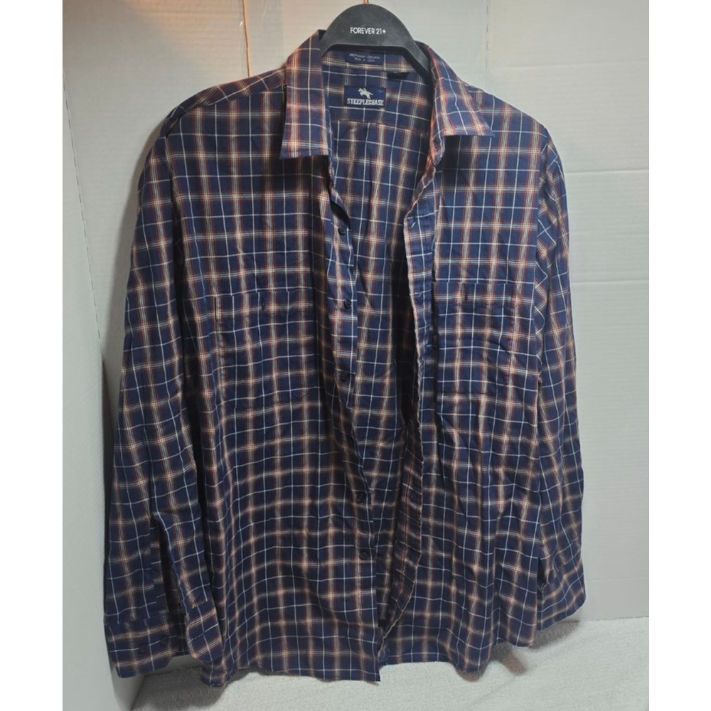 Men's Steeplechase Plaid Casual Button Down Shirt L Blue Red